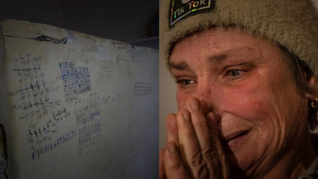 Mučiareň v Chersone, stena so symbolmi a zničená Ukrajinka