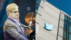 Elton John vľavo, logo Twitteru vpravo