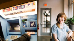 Bankomat a usmiata žena