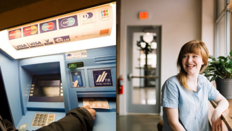 Bankomat a usmiata žena