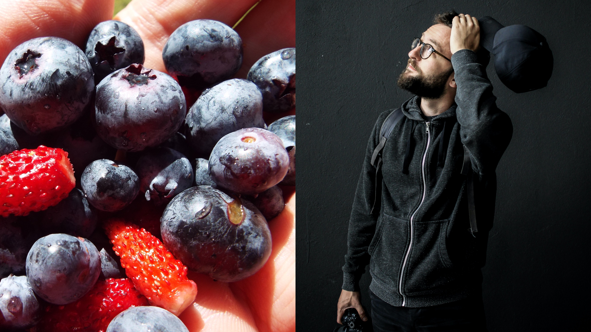 Muž drží v dlani čučoriedky a jahody. Druhý muž zabudol a nevie si spomenúť, drží sa za hlavu