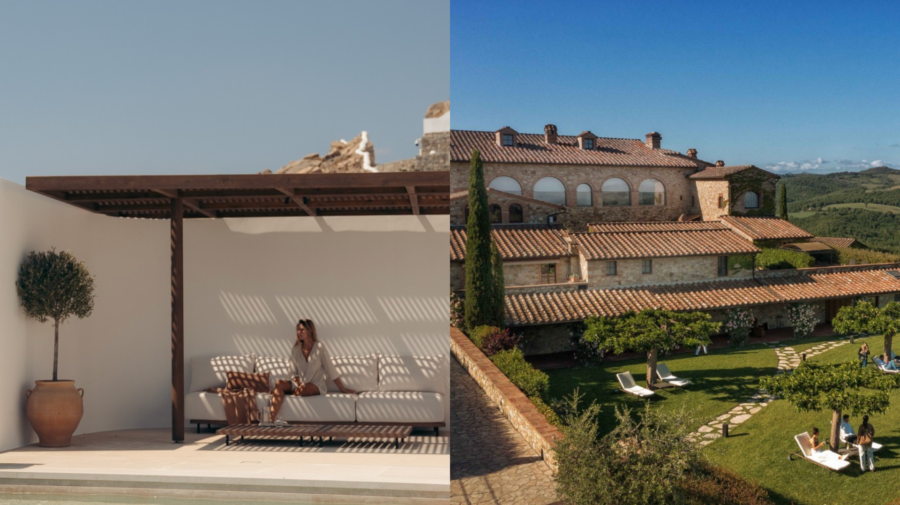 Žena na terase a pohľad na hotel v Taliansku