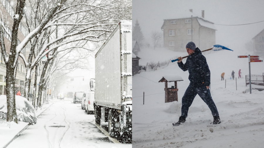 Zasnežená cesta a chlap s lopatou kráča po snehu