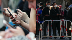 Ľudia na mobiloch a muži s respirátormi