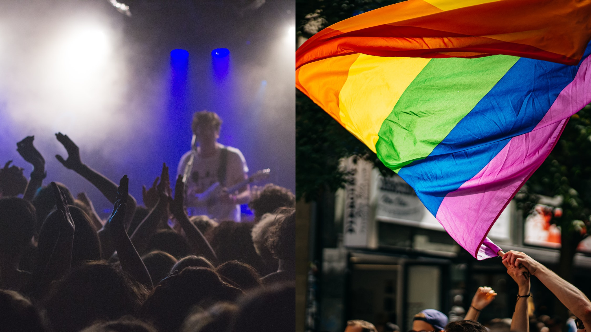 Koncert kapely a ruka s dúhovou vlajkou