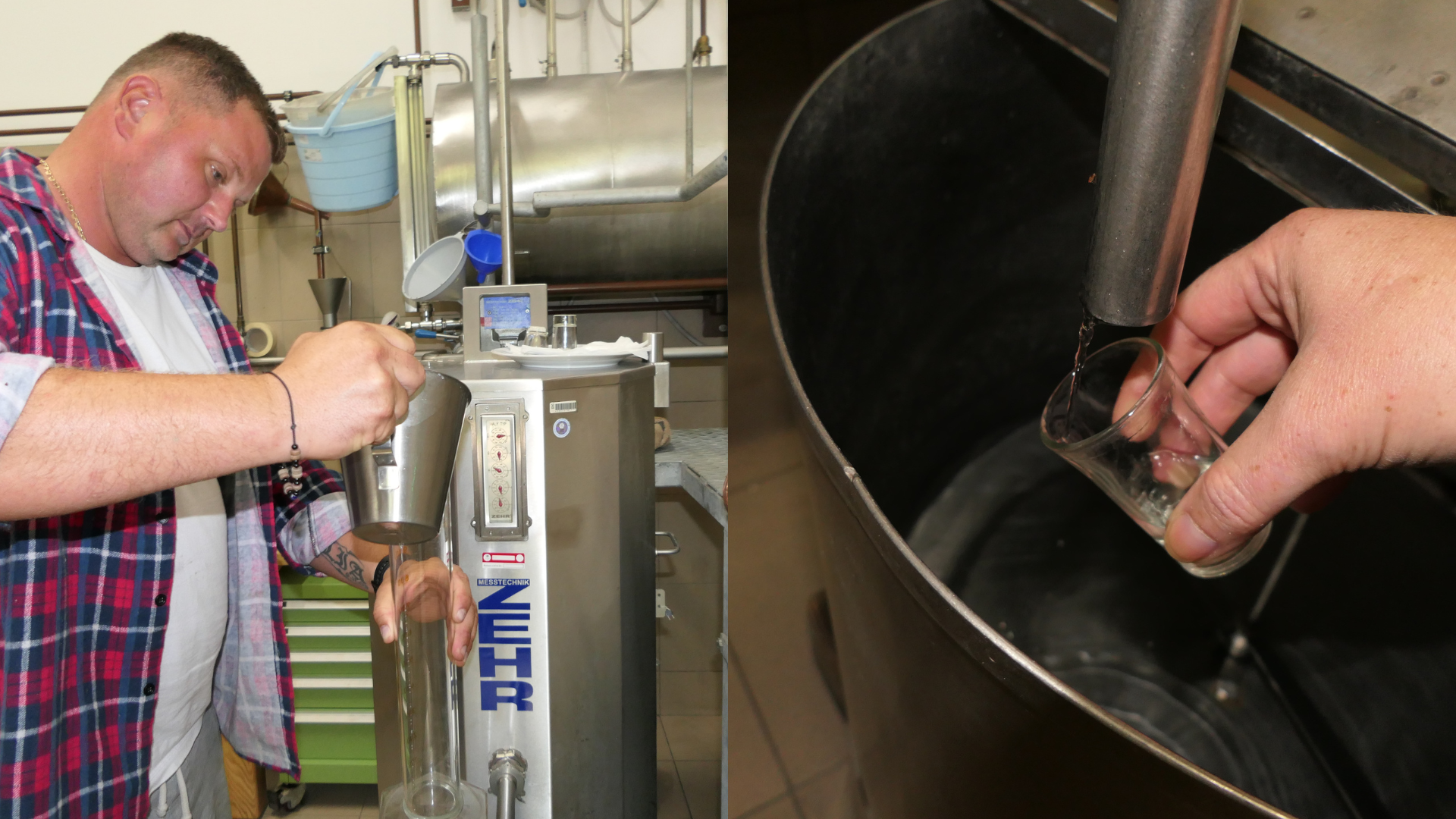 Muž v pálenici a testovanie vypáleného alkoholu