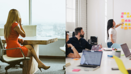 Žena za stolom a zamestnanci v práci