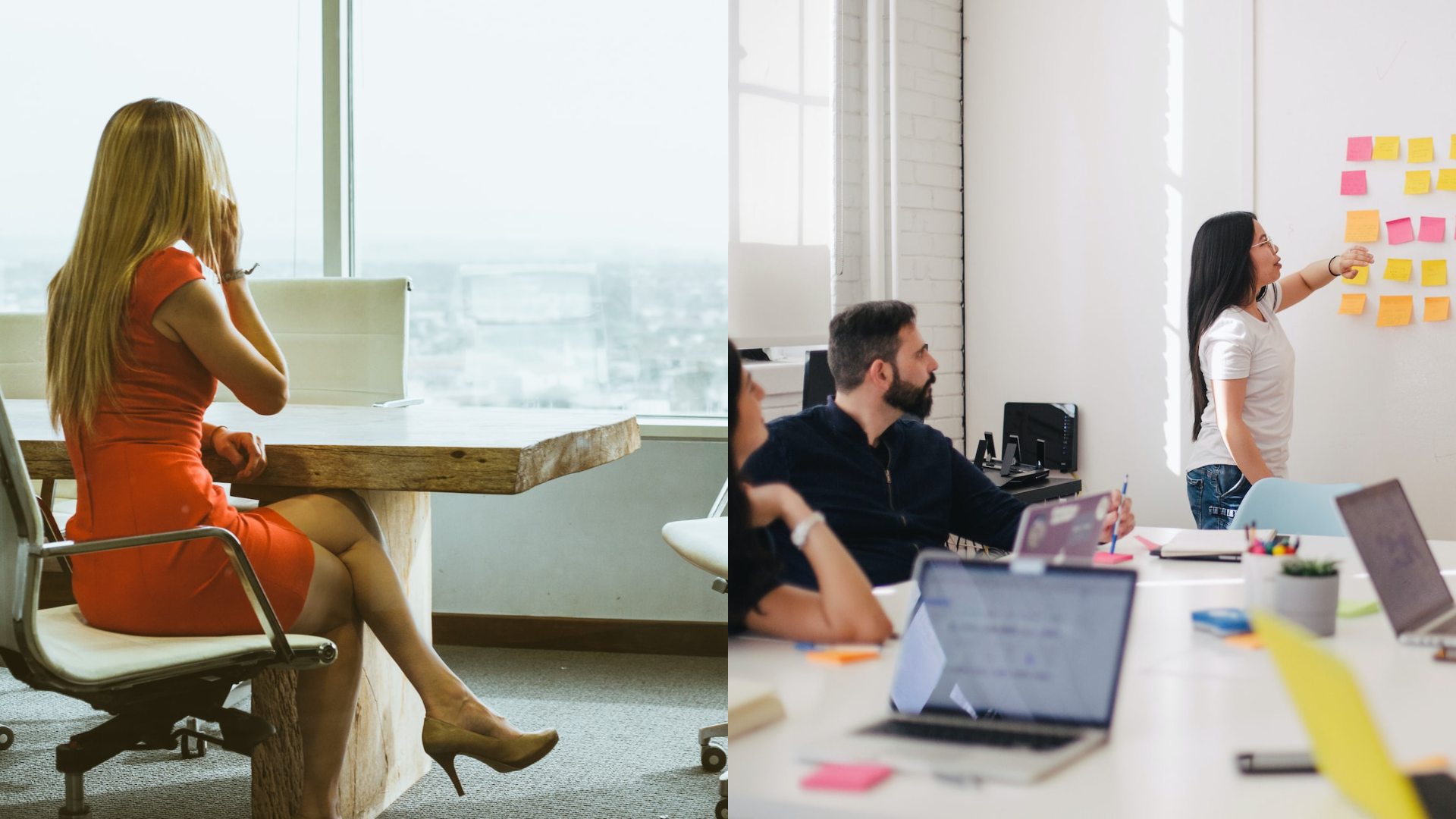 Žena za stolom a zamestnanci v práci