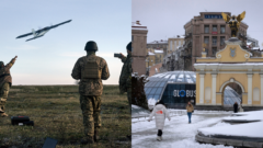 Vojaci s dronom a ľudia v uliciach Kyjeva