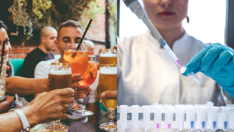 Ľudia si pripíjajú a skúmanie vzorky