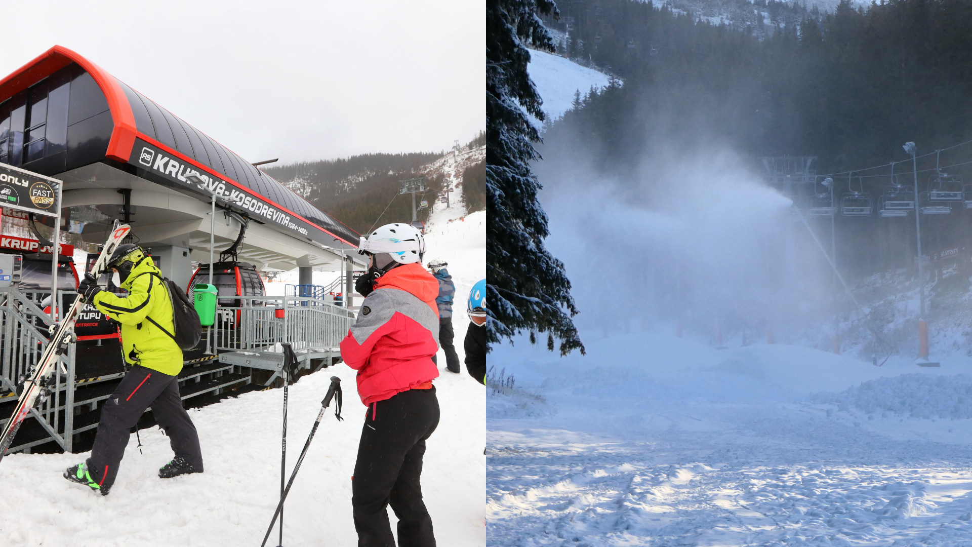 Lyžiari pri vstupe na lanovku a zasnežovanie