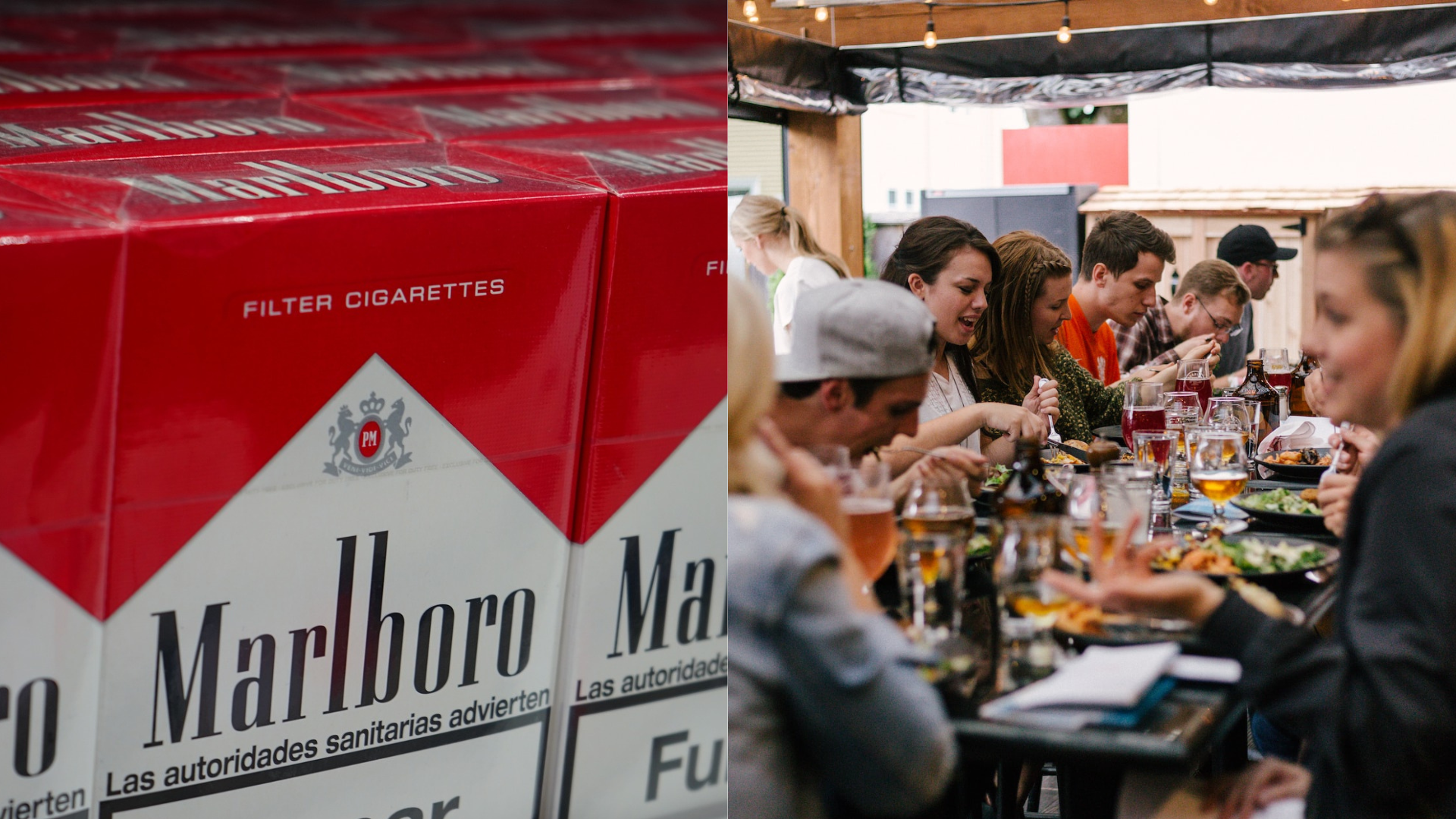 Krabičky cigaret a ľudia za stolom