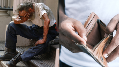Bezdomovec na schodisku a prázdna peňaženka