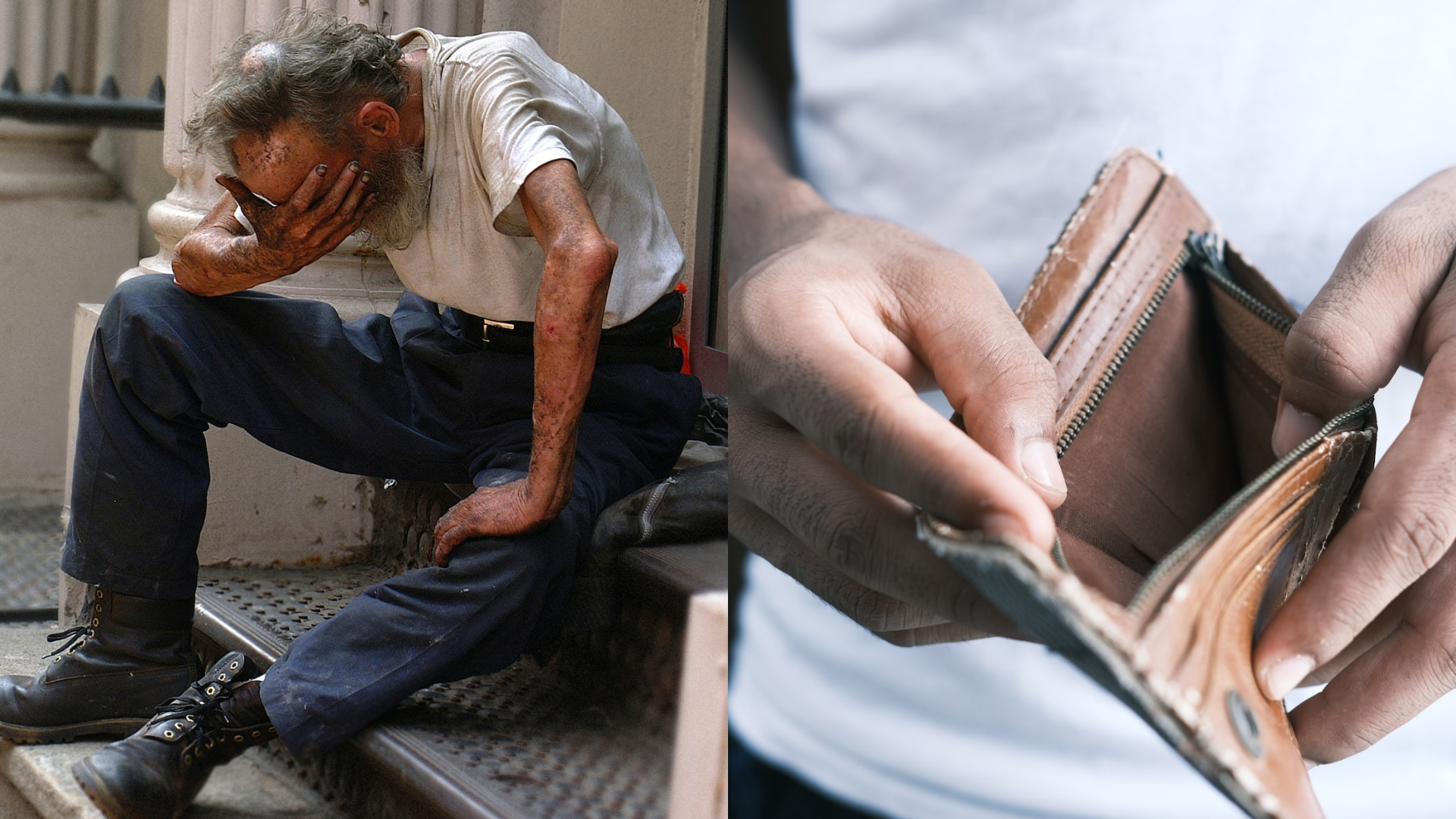 Bezdomovec na schodisku a prázdna peňaženka