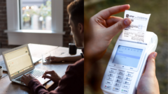 Muž pracuje na notebooku a e-kasa