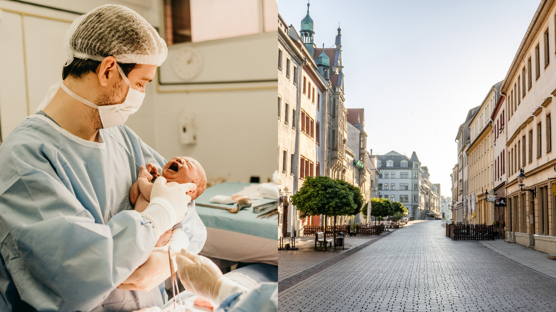 Muž s dieťaťom na rukách a prázdna ulica