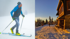 Muž na bežkách a zasnežená cesta pri chate