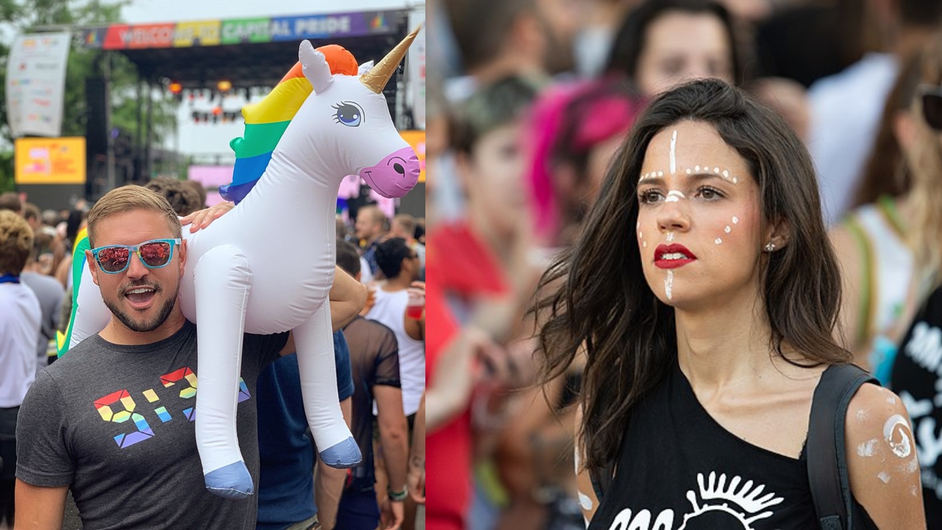 Na snímke je muž s jednorožcom a žena.