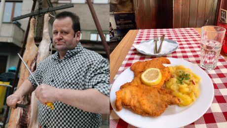 Na snímke je mäsiar a wiener schnitzel.