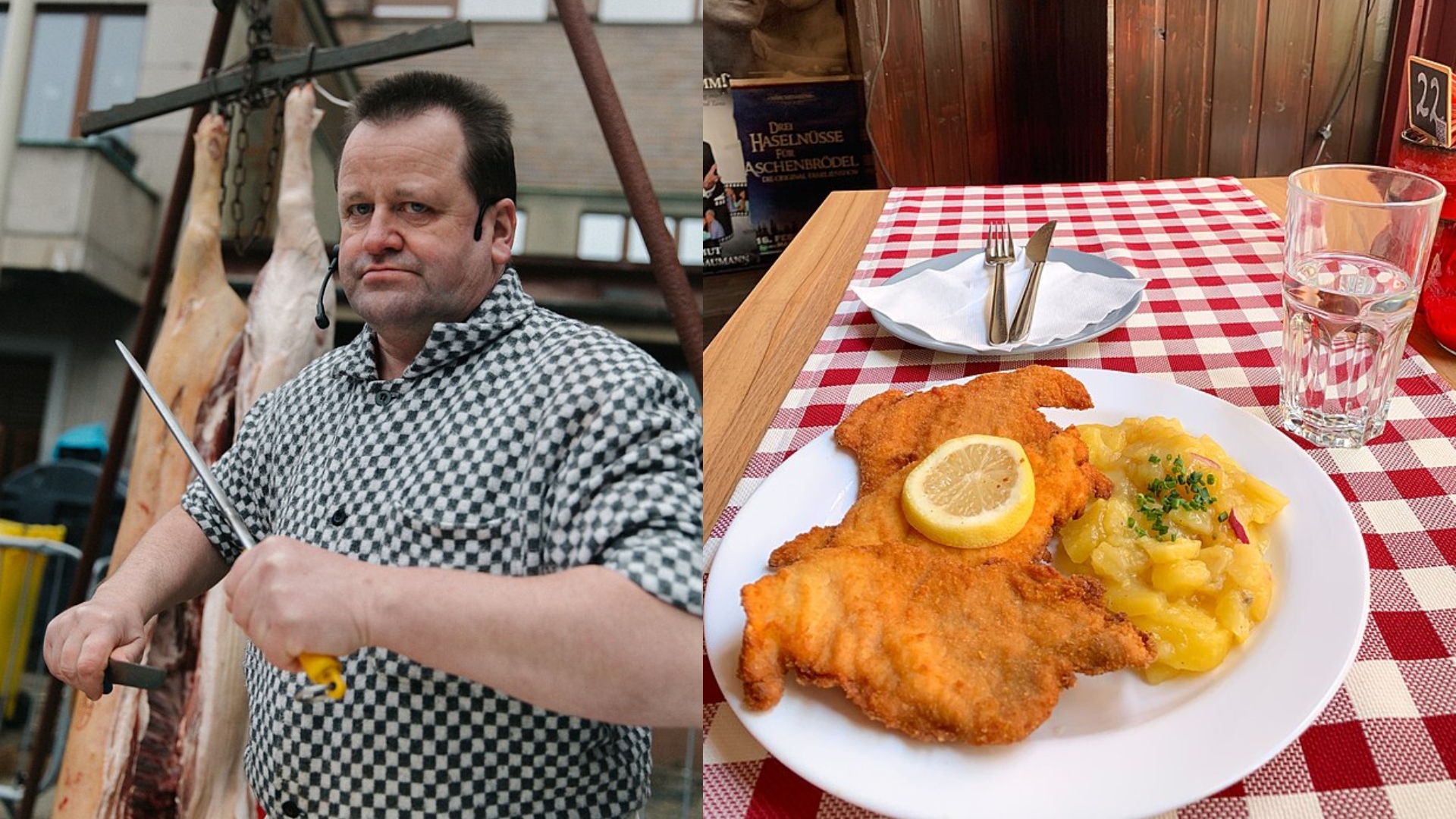 Na snímke je mäsiar a wiener schnitzel.