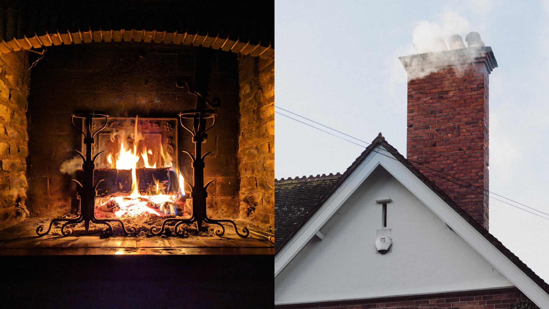 Oheň v krbe a dym z komína
