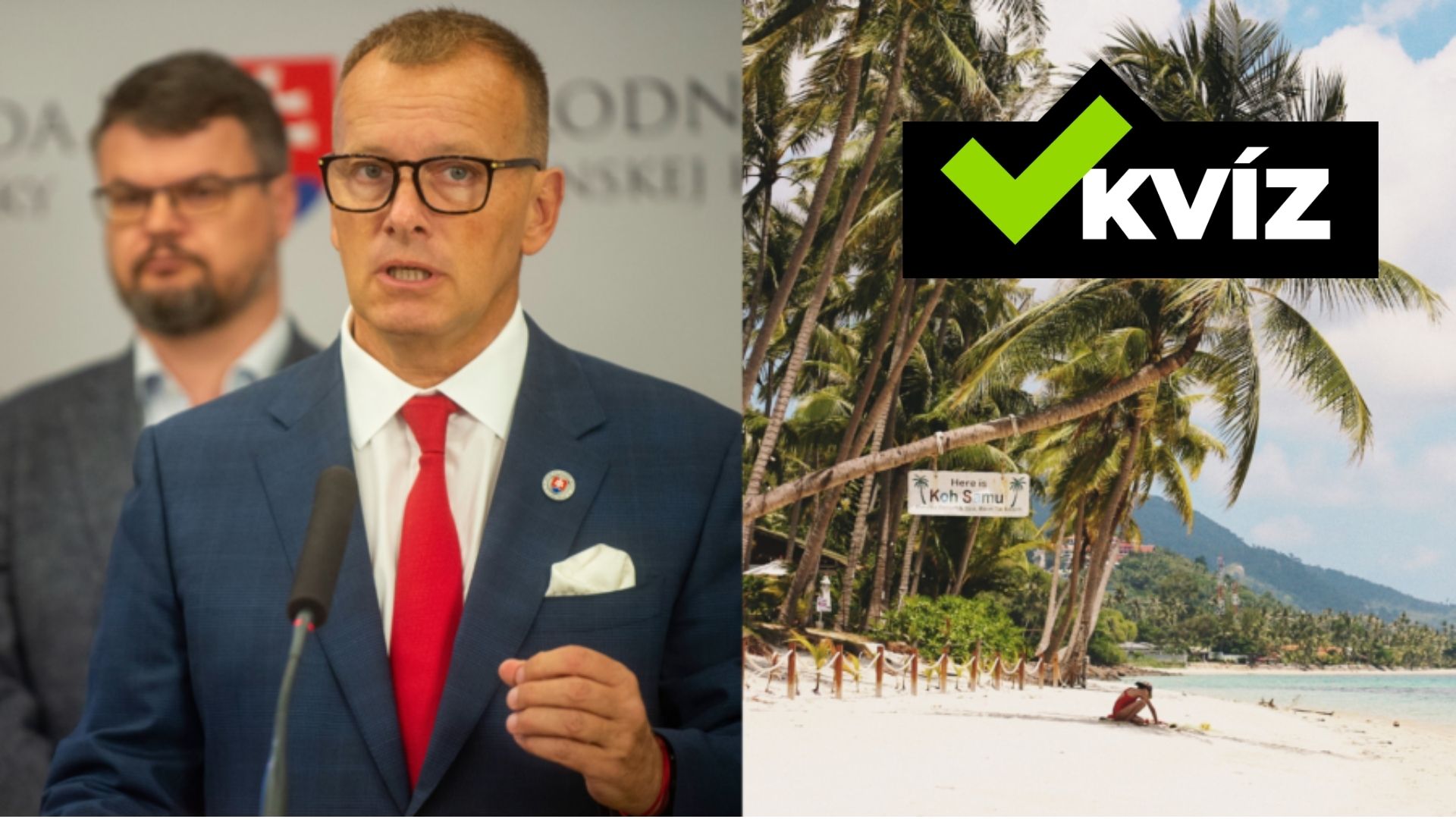 vľavo Boris Kollár, vpravo exotická destinácia, pláž a palma