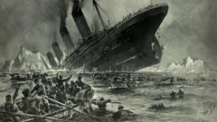 Tragická nehoda Titanicu. Potopenie Titanicu, ľudia utekajú na záchranných člnoch