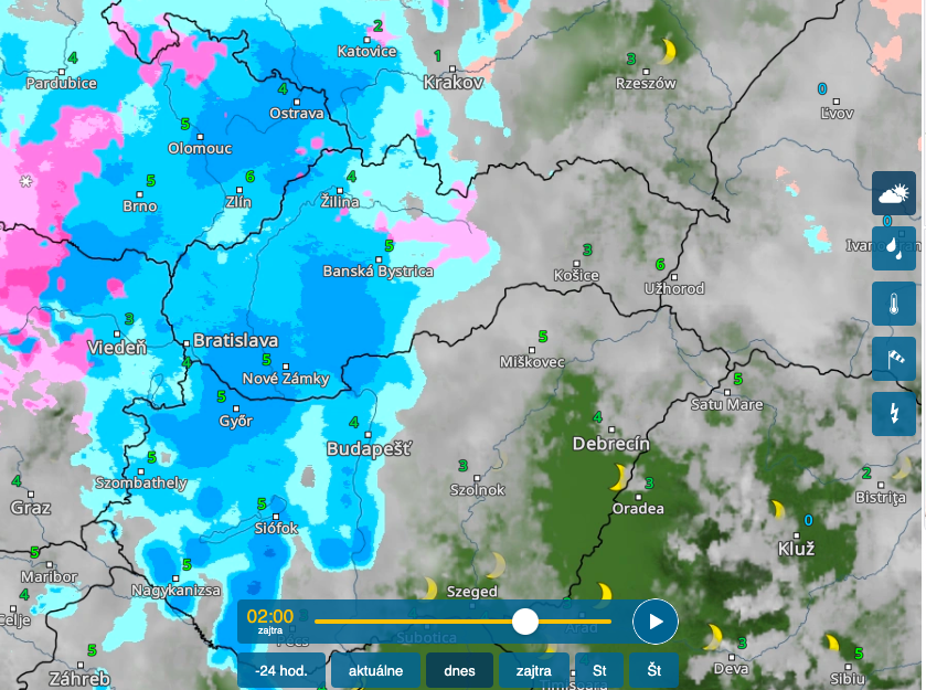 zrážková činnost na území Slovenska v utorok, 6.12. o 2:00.
