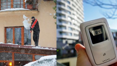 Na snímke je termostat a muž, ktorý odhadzuje sneh.