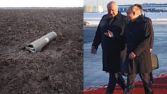 Úlomok rakety ukrajinského systému S-300, ktorú zostrelilo Bielorusko. Lukašenko a Putin