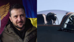 ukrajinský prezident Volodymyr Zelenskyj si podávajú ruky a pilot MiG-29