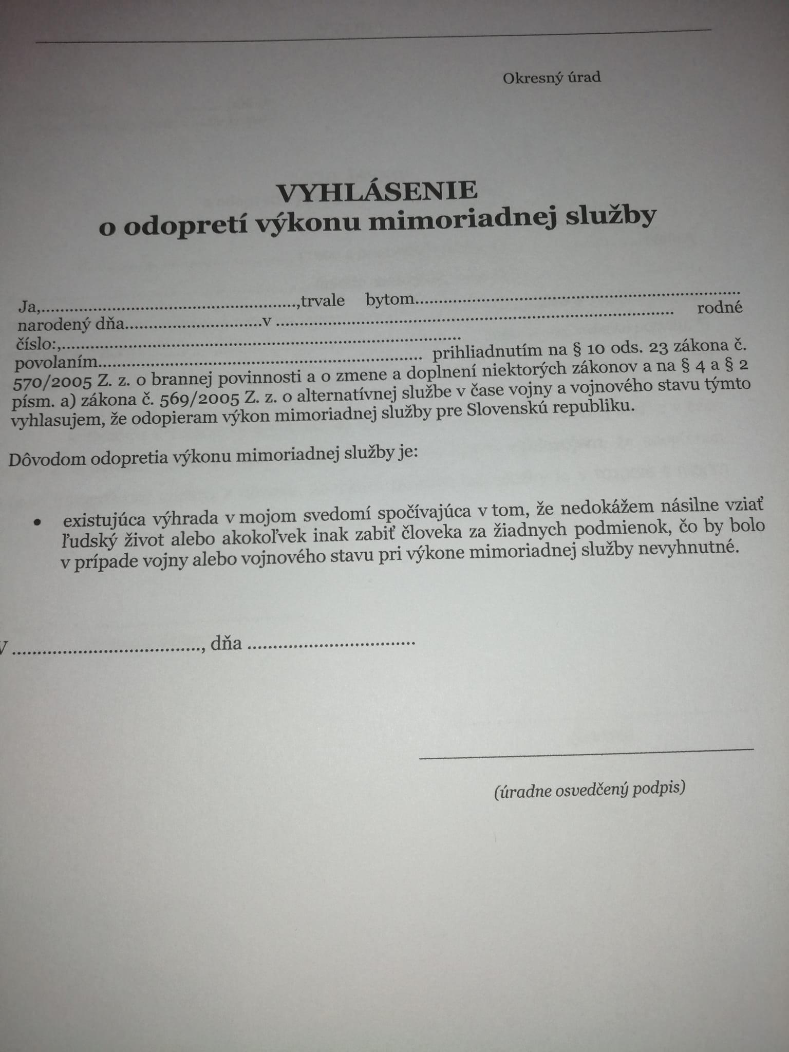 Vyhlásenie o odopretí mimoriadnej služby