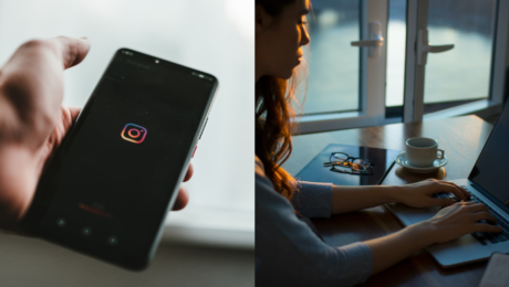 Aplikácia Instagram a žena na notebooku