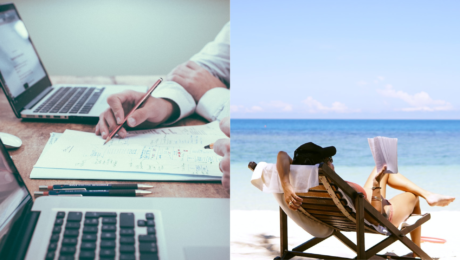 Práca za notebookom a žena na pláži