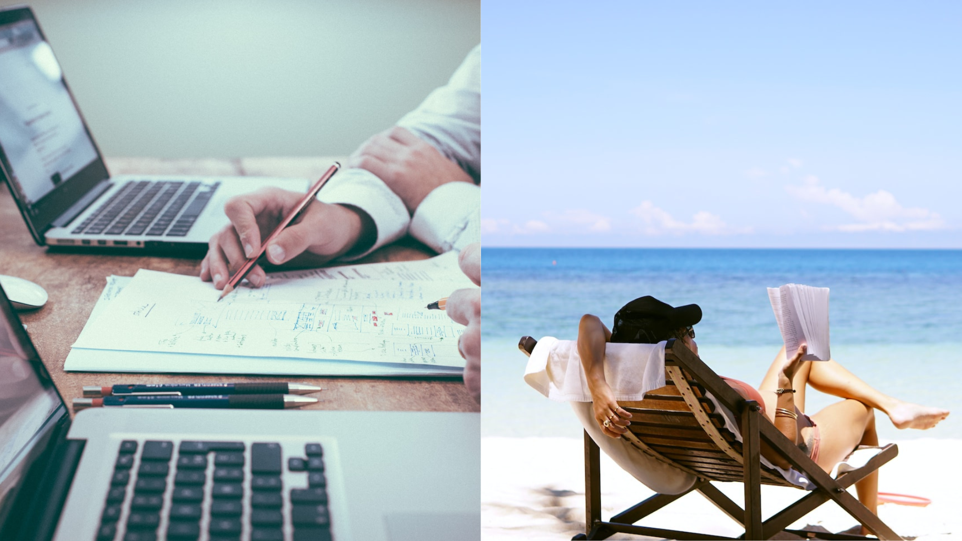 Práca za notebookom a žena na pláži