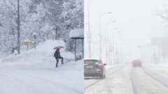 Žena kráča v snehu a autá na zasneženej ceste