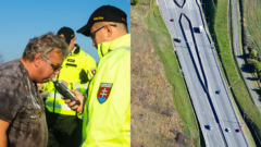 Policajti podrobujú vodiča dychovej skúške a autá na diaľnici