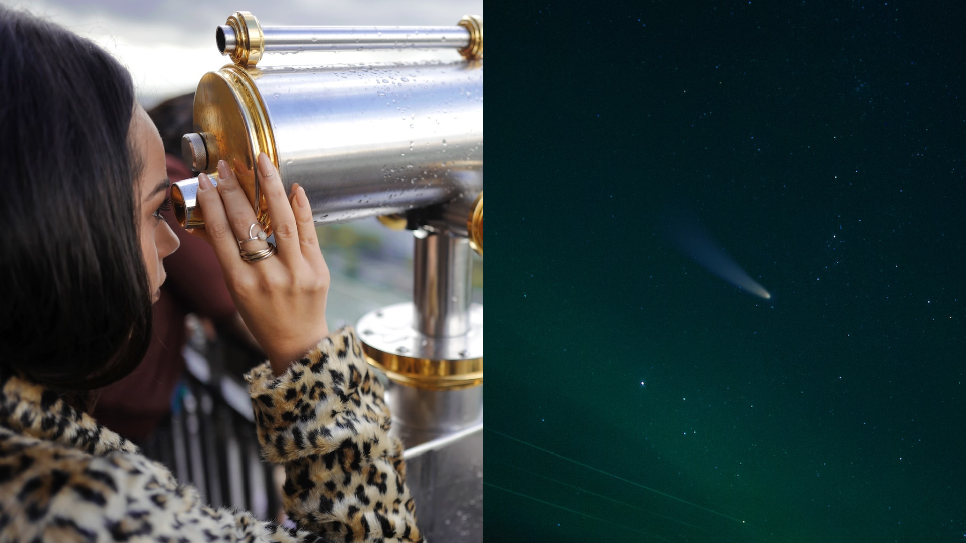 Žena hľadiaca do teleskopu a nočná obloha