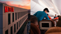 Budova Netflix a letuška pri práci