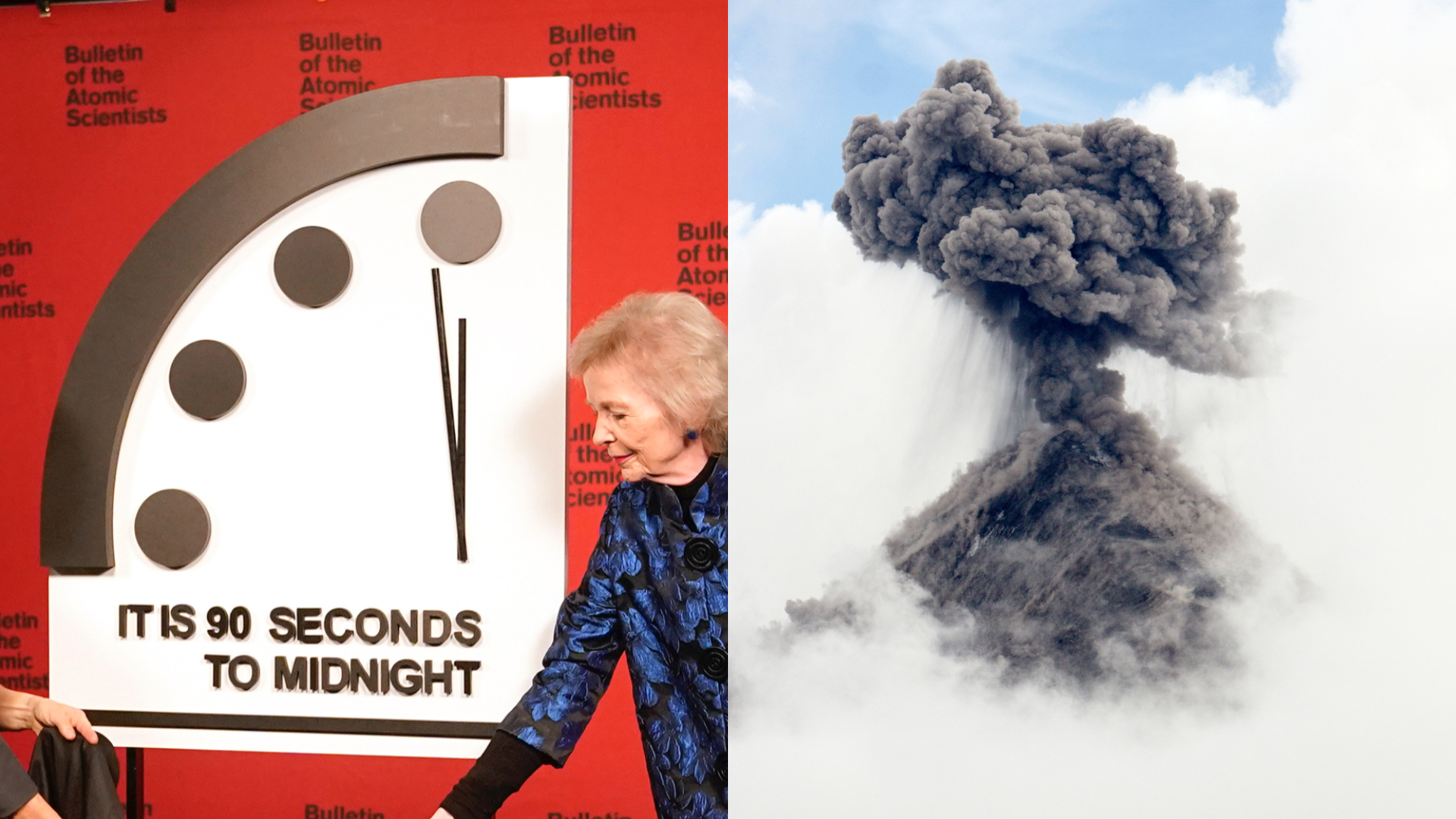 Doomsday clock, Hodiny súdneho dňa ukazujú 90 sekúnd do polnoci. Výbuch sopky, explózia, koniec sveta