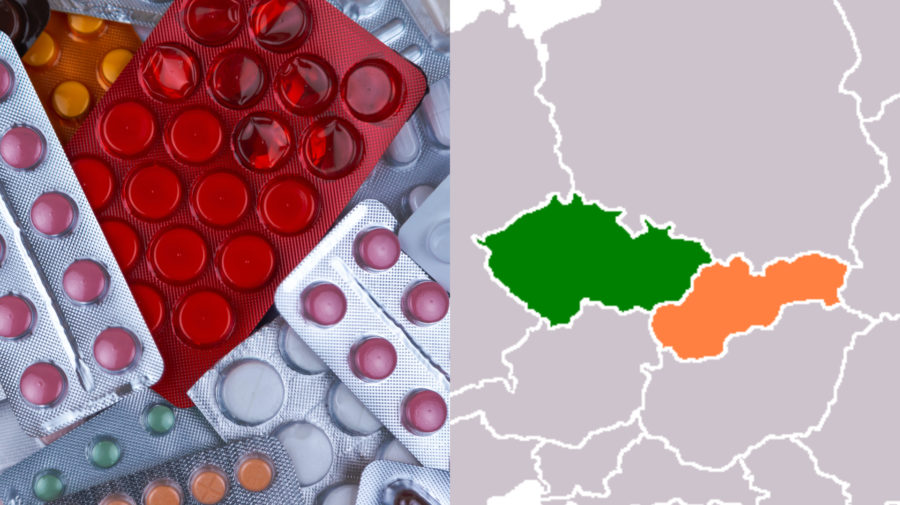 Slovensko darovalo Česku penicilín. Peniclínové tabletky a mapa Slovenska a Česka