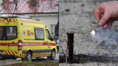 Záchranári, žltá sanitka, muž zapaľuje petardu