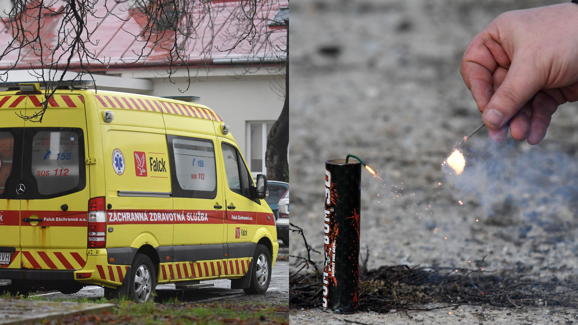 Záchranári, žltá sanitka, muž zapaľuje petardu