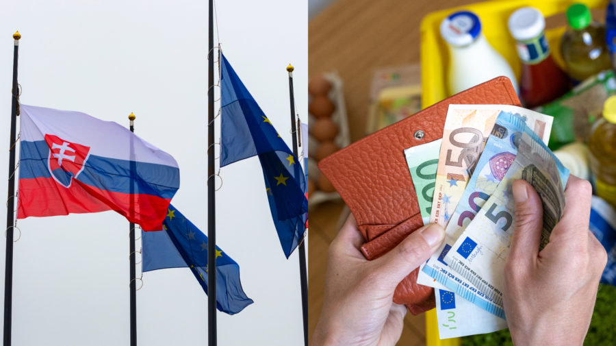 Slovenská vlajka a vlajka Európskej únie vejú vo vetre. Peniaze na nákup, eurá a peňaženka