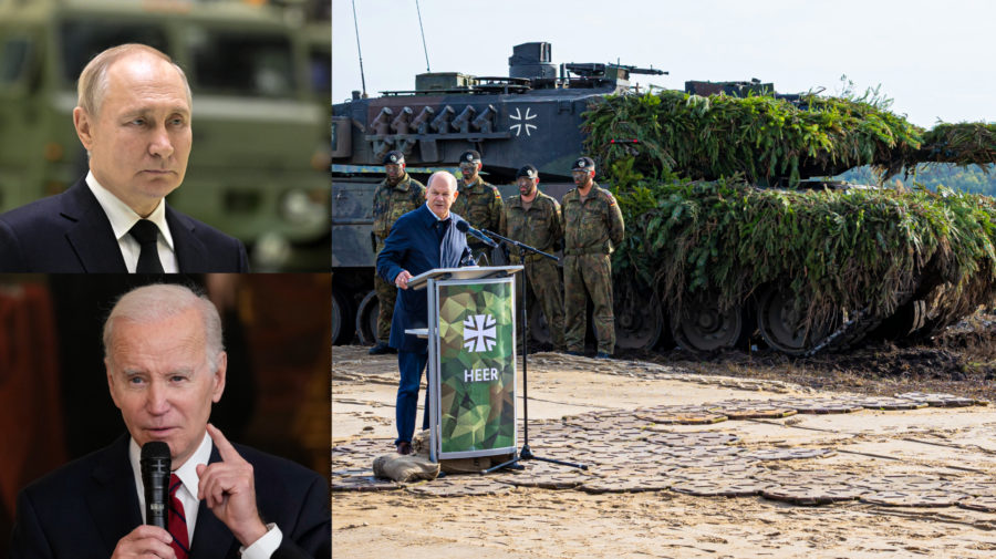 Vladimir Putin, Joe Biden a Olaf Scholz s tankom Leopard 2
