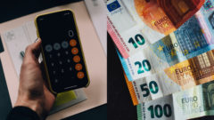 Kalkulačka na smartfóne Apple iPhone, peniaze, bankovky, eurá