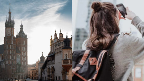 Krakow, dievča s mobilom v ruke fotí