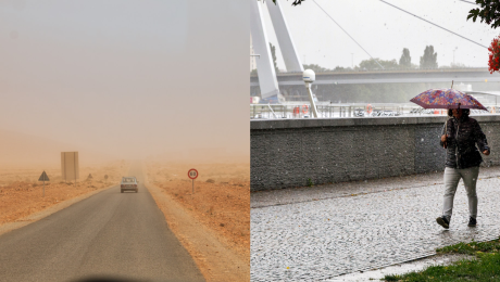 Zaprášená cesta a žena v daždi