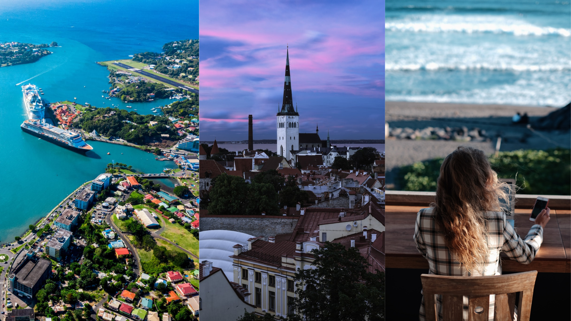 Mesto Castries, mesto Talin a žena na pláži