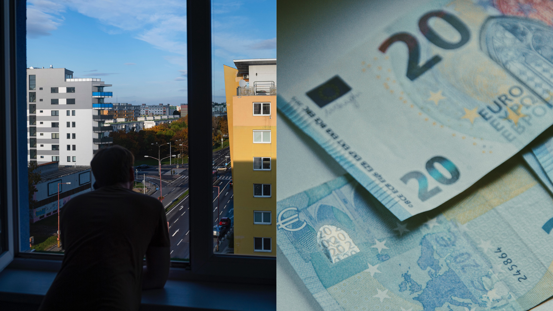 Muž pozerá z okna a peniaze